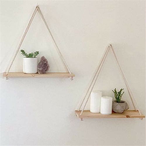 Wooden Hanging Rope Wall Mounted Floating Shelf Storage Rustic Plant Flower Pot