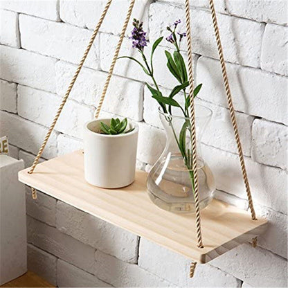 Wooden Hanging Rope Wall Mounted Floating Shelf Storage Rustic Plant Flower Pot