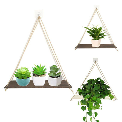 Wooden Hanging Rope Wall Mounted Floating Shelf Storage Rustic Plant Flower Pot