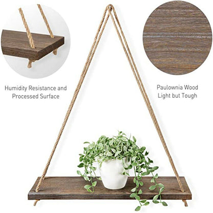 Wooden Hanging Rope Wall Mounted Floating Shelf Storage Rustic Plant Flower Pot