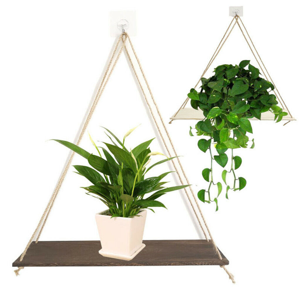 Wooden Hanging Rope Wall Mounted Floating Shelf Storage Rustic Plant Flower Pot