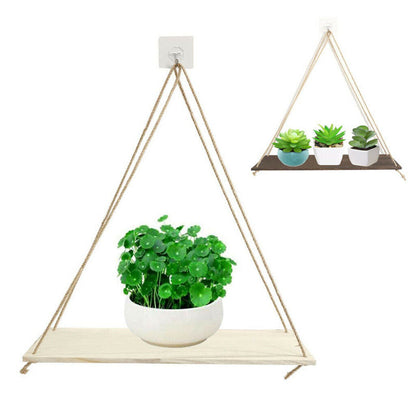 Wooden Hanging Rope Wall Mounted Floating Shelf Storage Rustic Plant Flower Pot